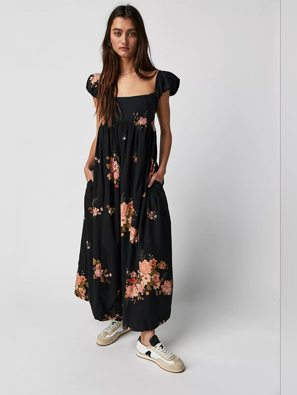NWT FREE PEOPLE‎ X Linda Lou Black Pink Boho Floral Poplin Maxi Dress Size Small